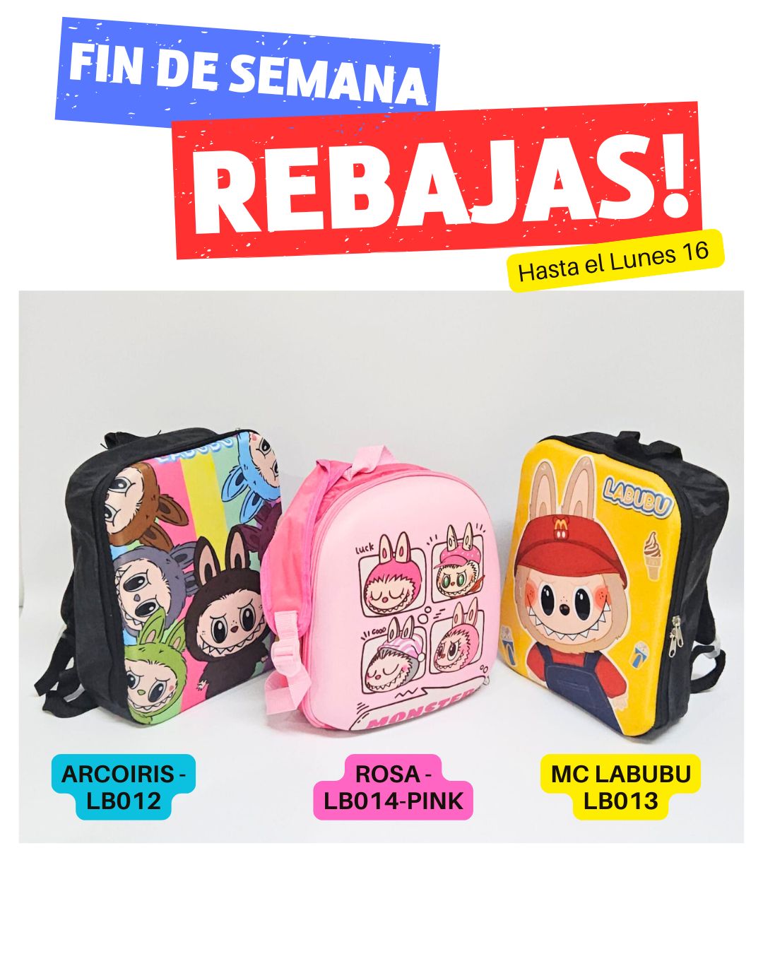 MOCHILA ARCOIRIS RIGIDA ESCOLAR INFANTIL LABUBU - 